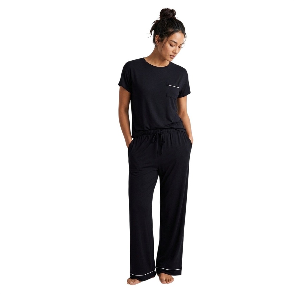 State of Day Soft Knit Pajama Set Cozy Black Short Sleeve Wide‎ Leg XS